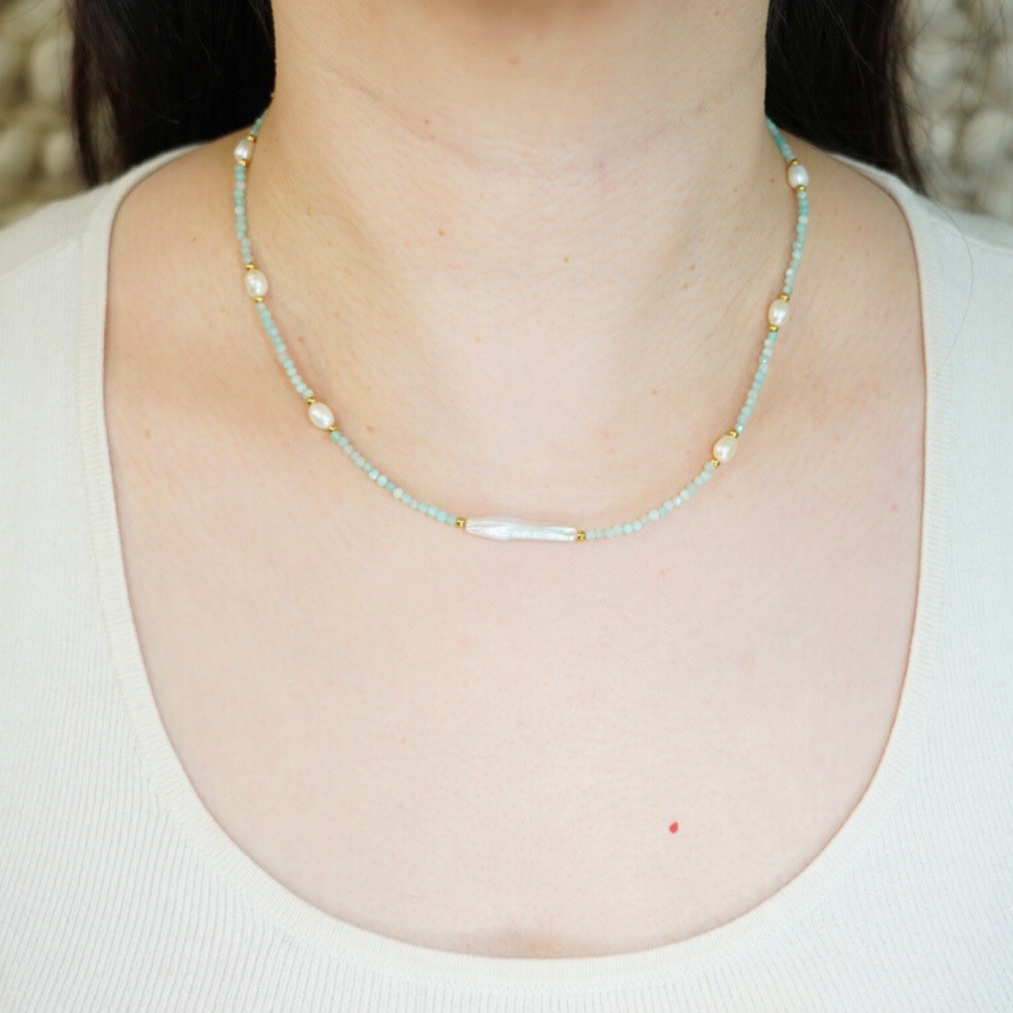 Minimalist Amazonite Natural Baroque Pearl Necklace