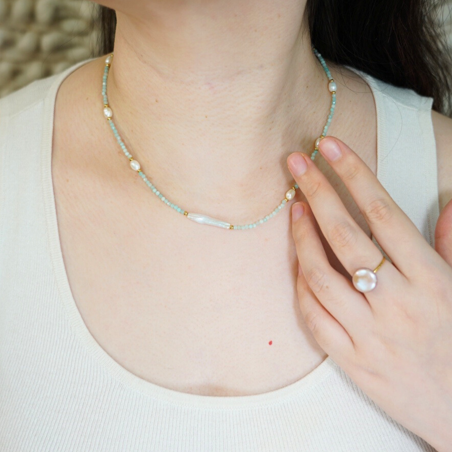 Minimalist Amazonite Natural Baroque Pearl Necklace