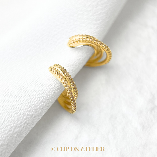 Gold Claw Triple Hoops & CZ Diamonds Clip on Earrings