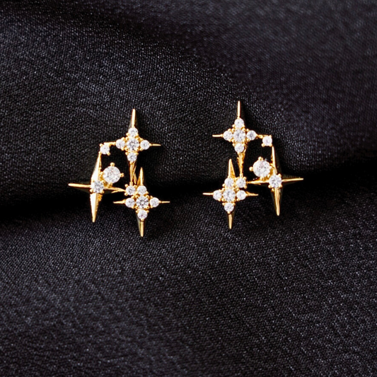 Gold Diamond Stars Dainty Clip On Earrings