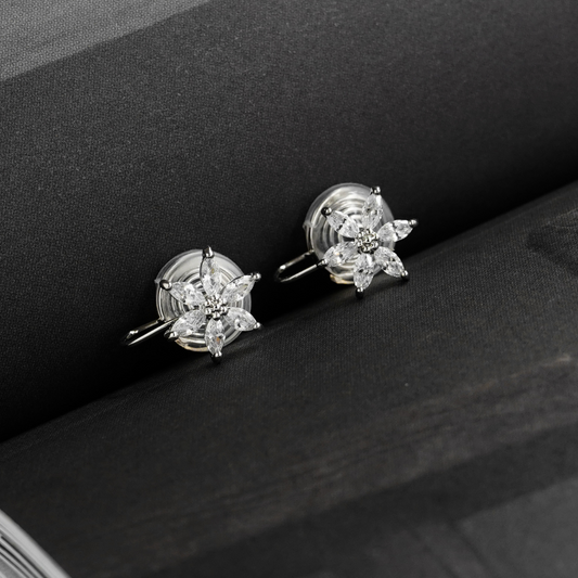 Dainty CZ Diamond Flower Clip On Earrings | Silver