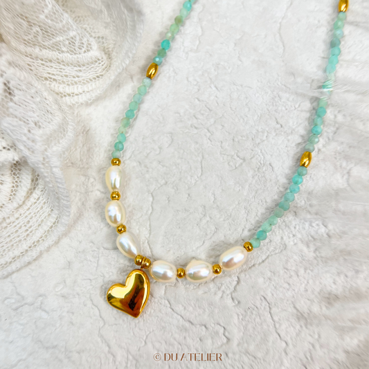 Amazonite Natural Pearl with Love Pendant Necklace