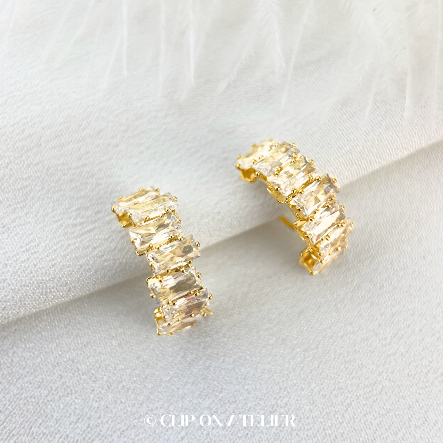 CZ Diamond Hoop Clip on Earrings; Gold or Silver