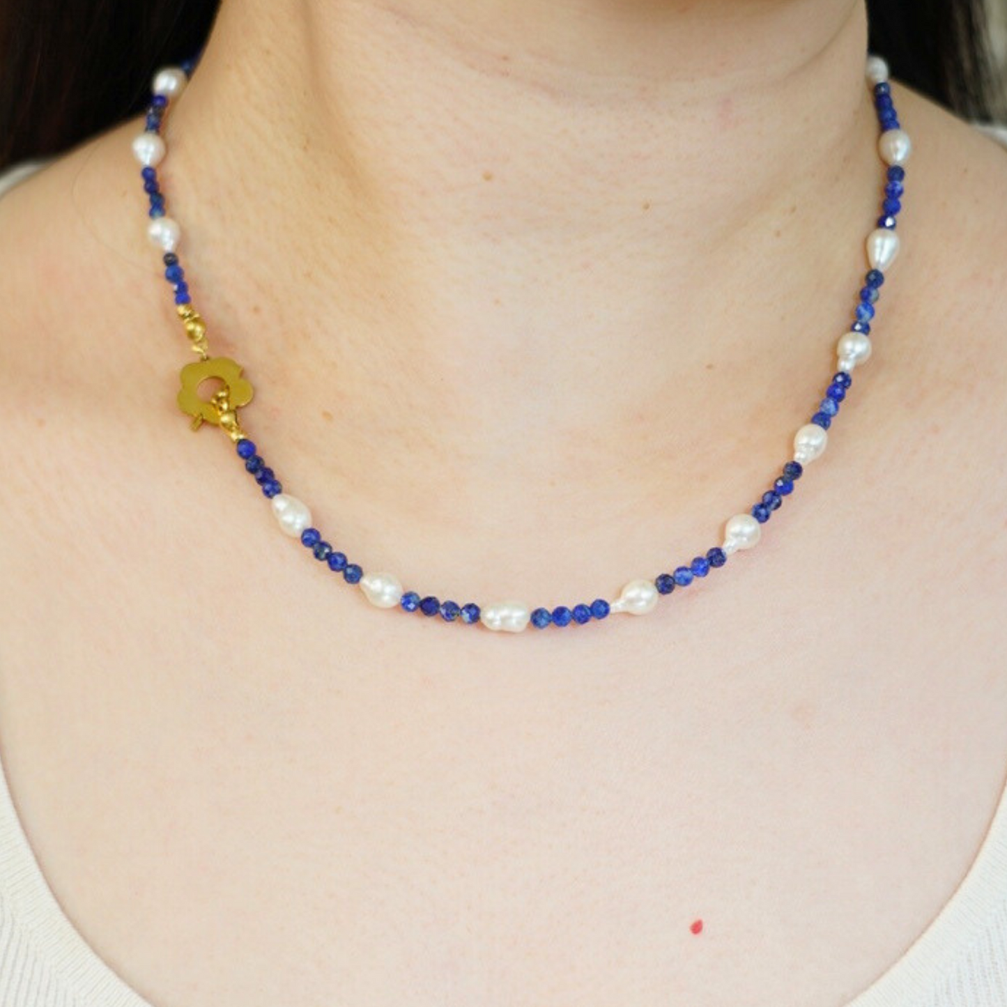Natural Baroque Teardrop Shaped Pearl with Lapis Lazuli Necklace