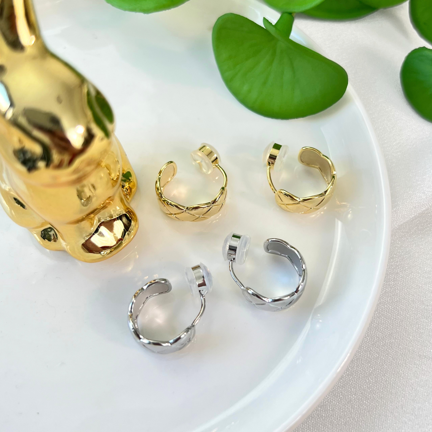 Plaid Hoop Clip On Earrings, Gold & Silver