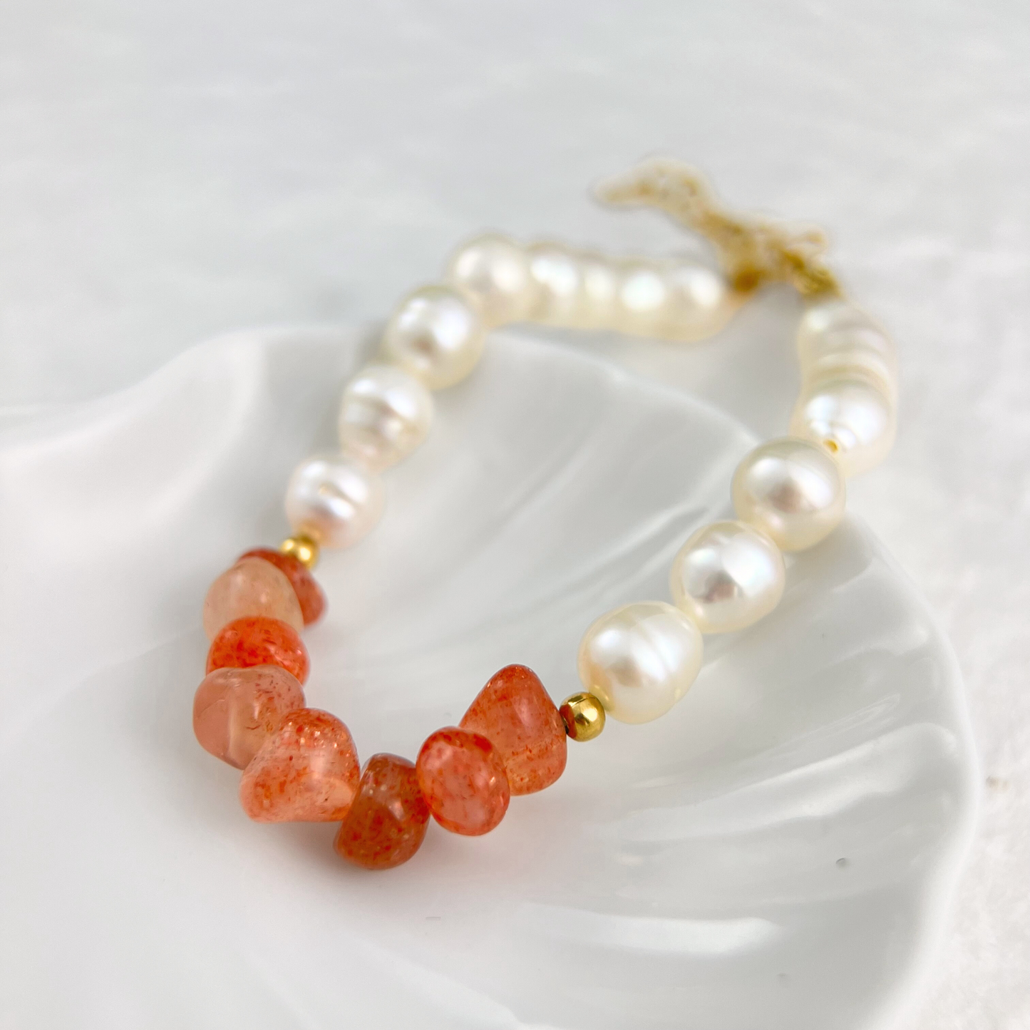 Natural White Pearl & Sunstone Bracelet