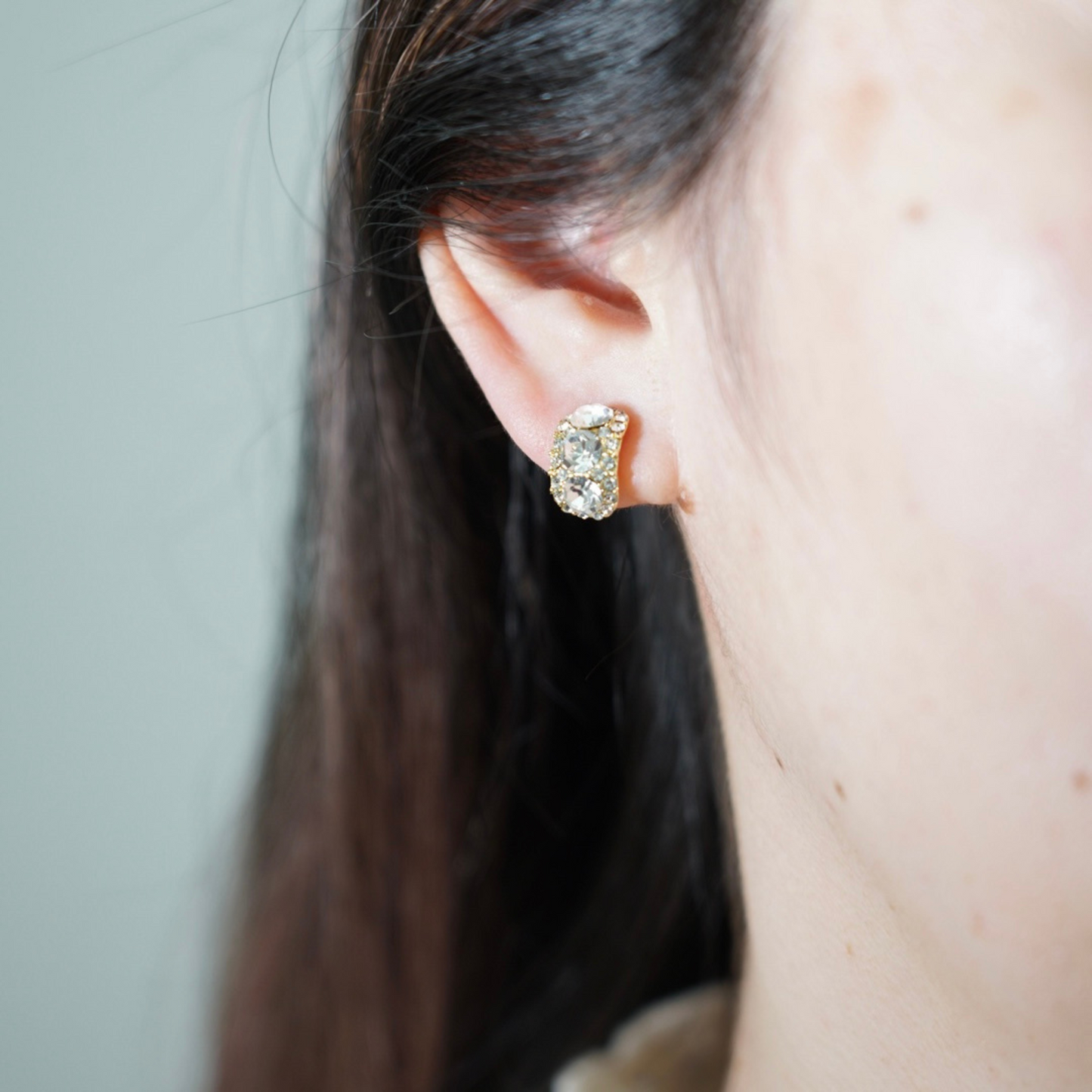 Minimalist Vintage Style Gold Diamond Clip On Earrings, Green & White