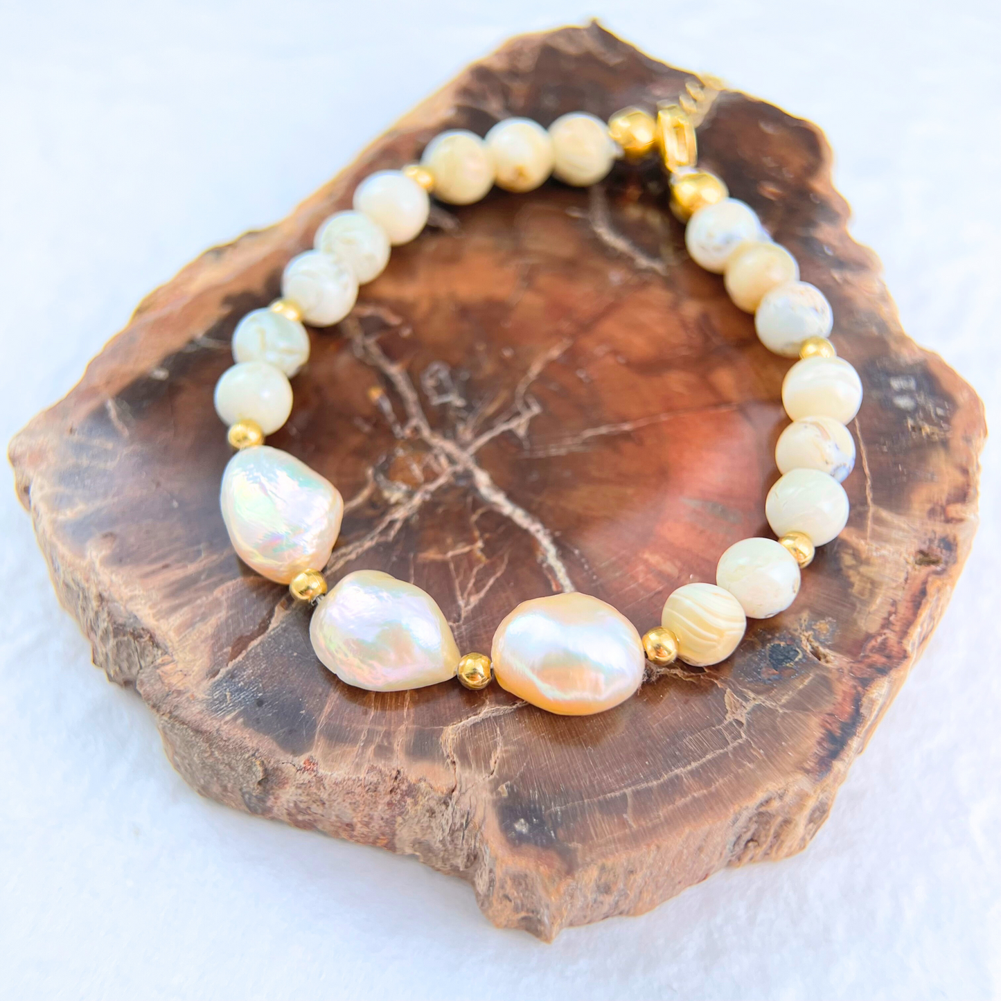 Natural Gold Pearl & Cream Agate Bracelet