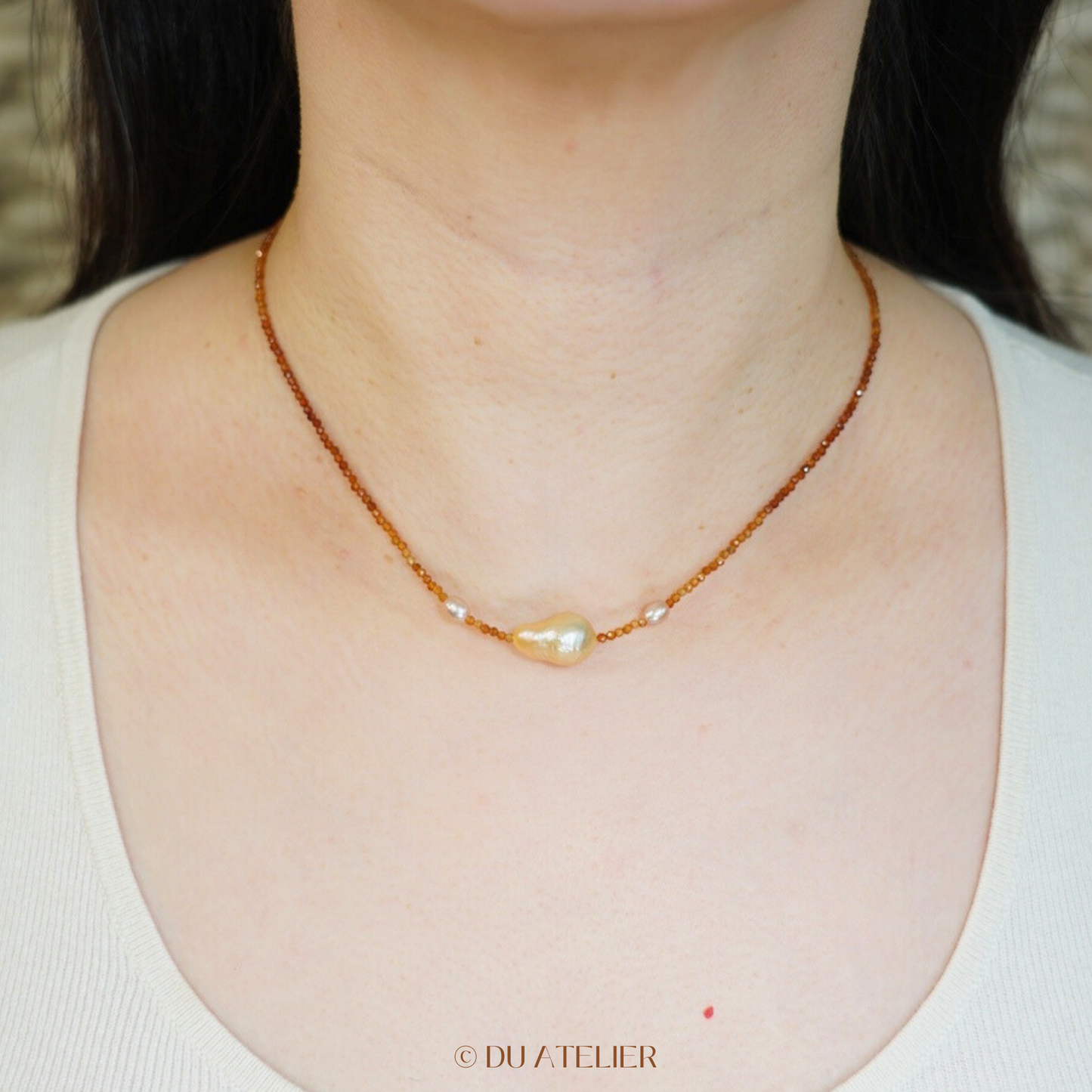 Natural Gold Baroque Pearl with Orange Garnet Necklace