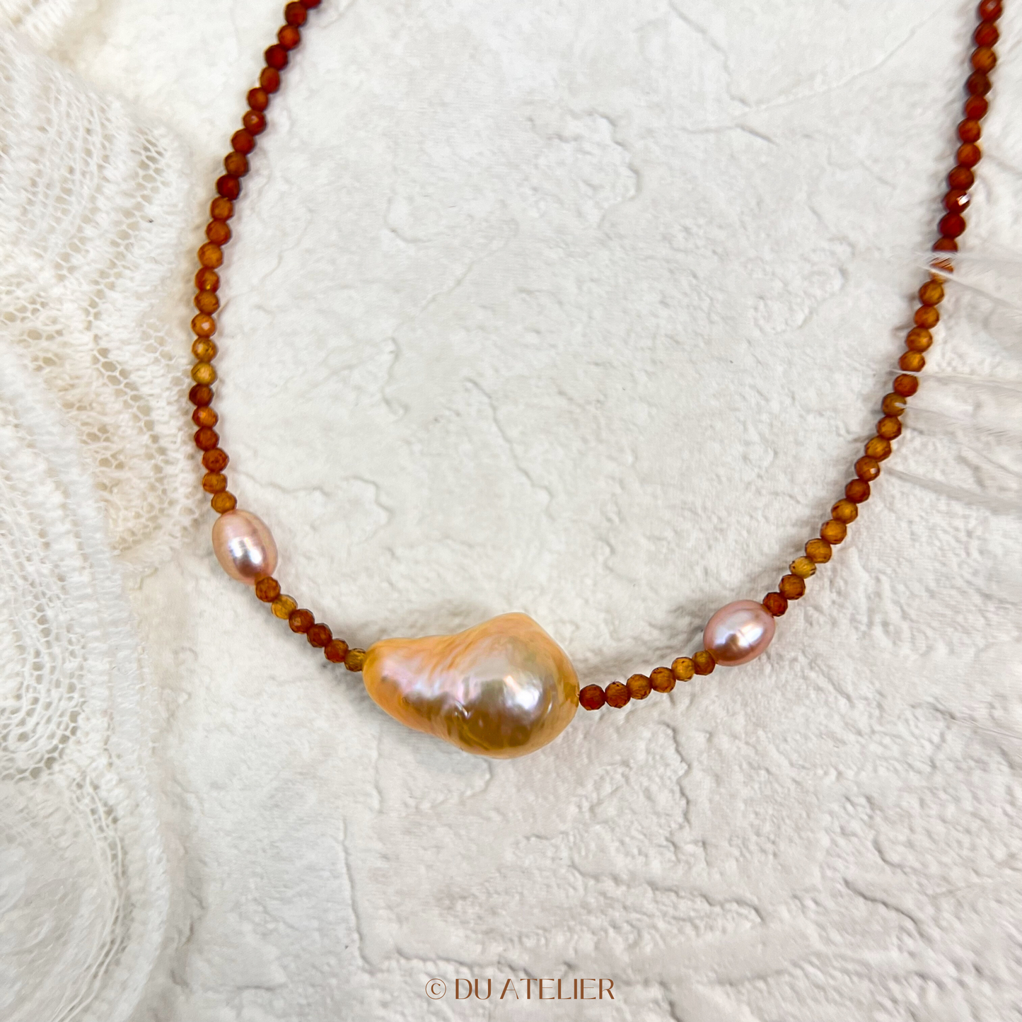 Natural Gold Baroque Pearl with Orange Garnet Necklace