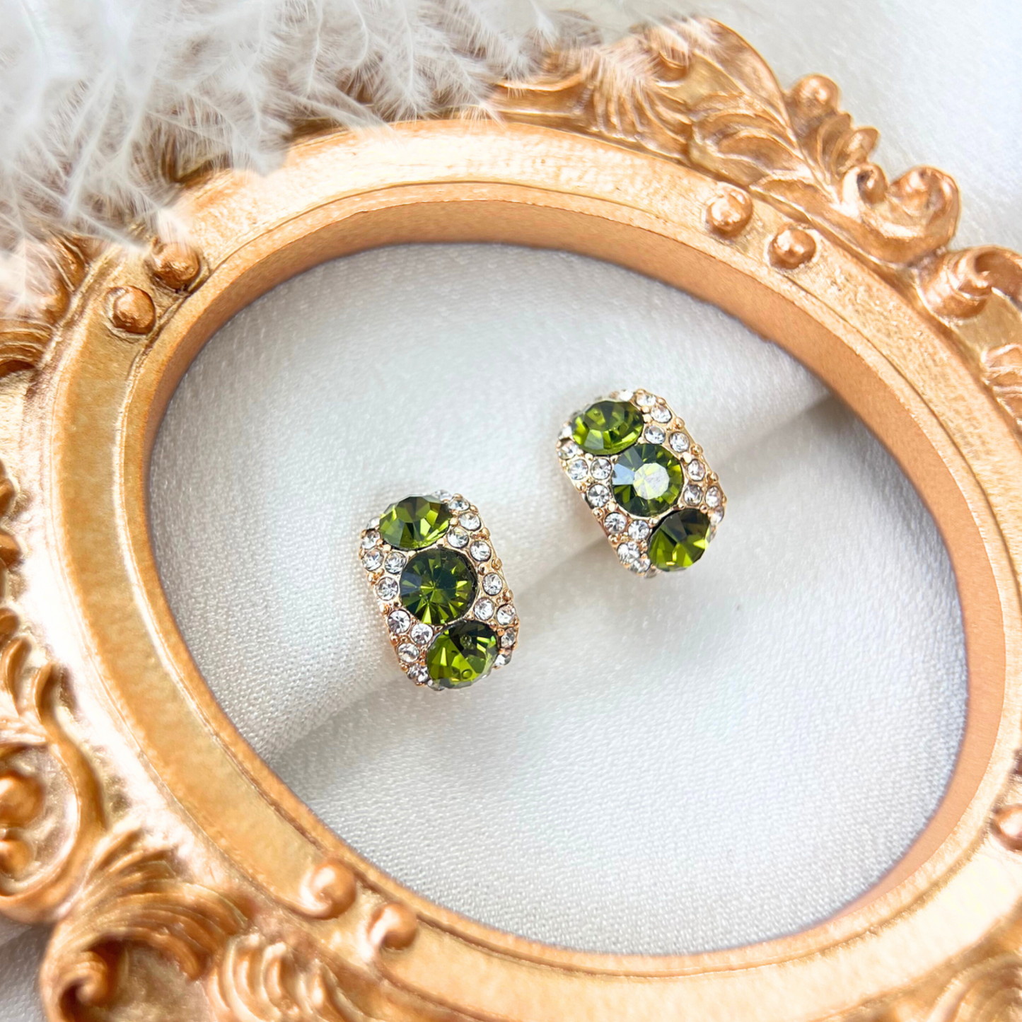 Minimalist Vintage Style Gold Diamond Clip On Earrings, Green & White