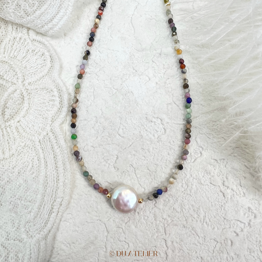 Freshwater Baroque Button Pearl with Multiple Gemstone Necklace