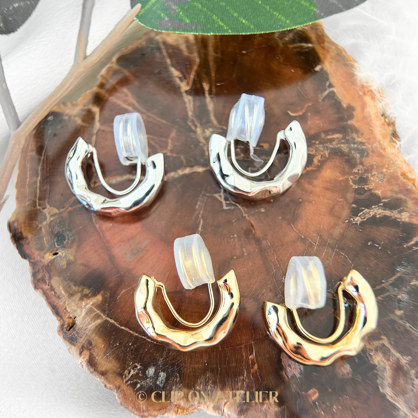 Irregular Hoops Clip on Earrings; Gold or Silver