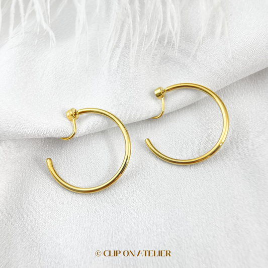 Large Rotatable Hoops Clip on Earrings; Gold or Silver