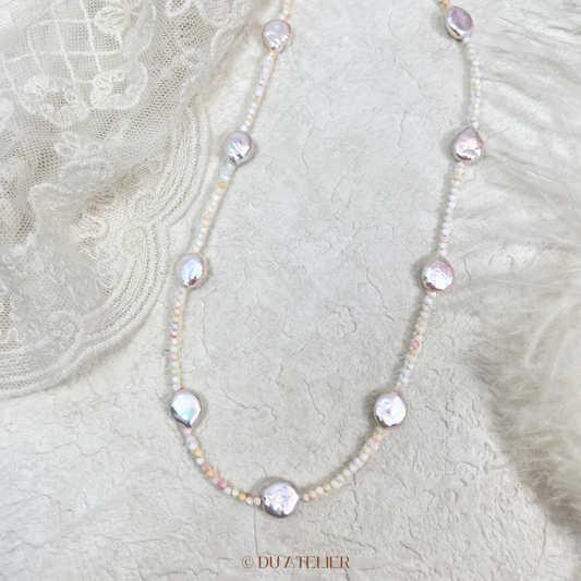 Natural Button Baroque Pearl with Pink Conch Necklace