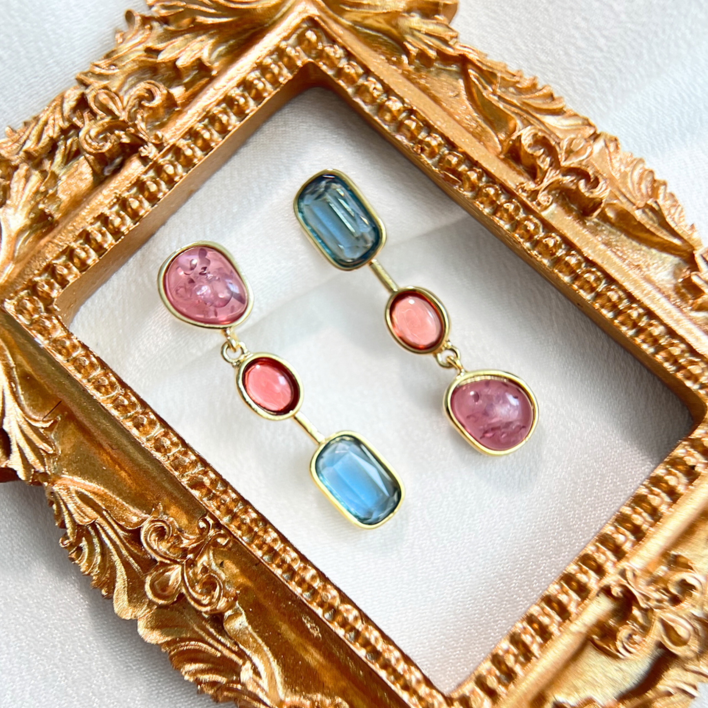 Mismatched Color Gemstone Clip On Earrings | Pink & Blue