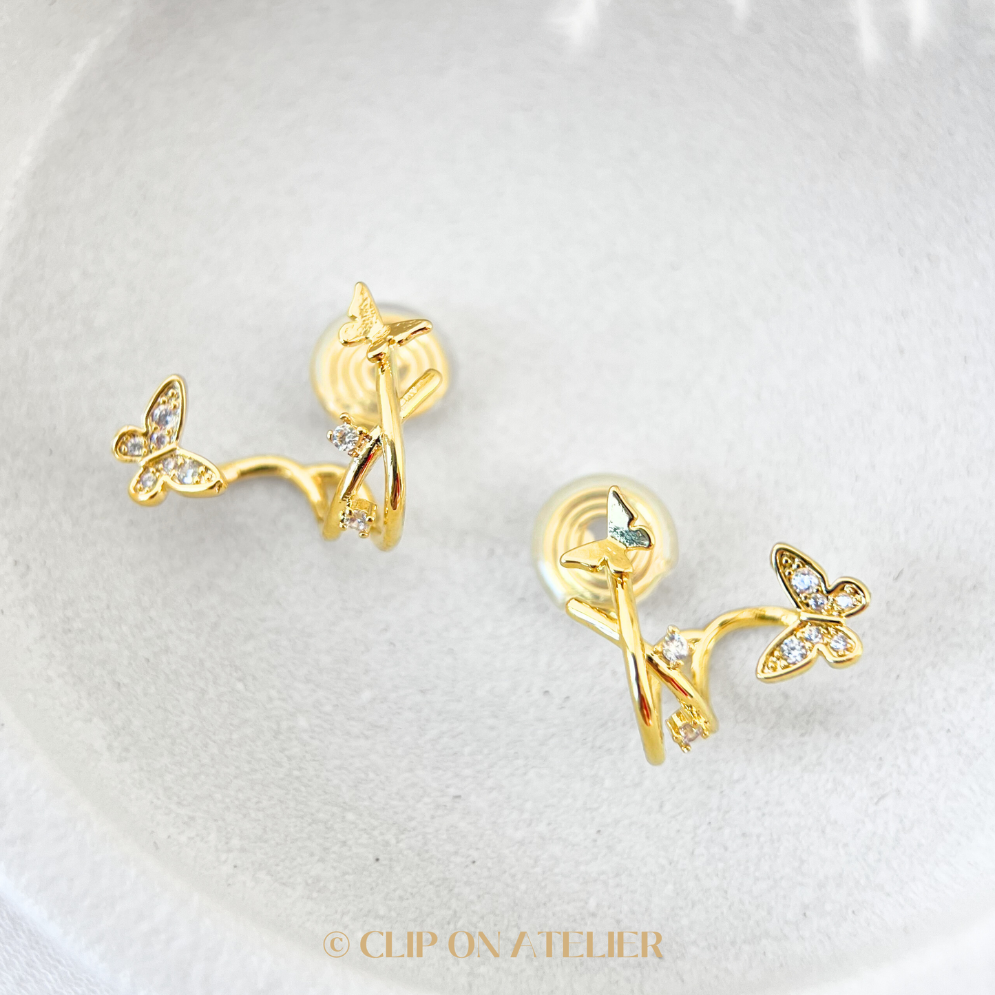 Butterfly Double Hoops Clip on Earrings; Gold or Silver