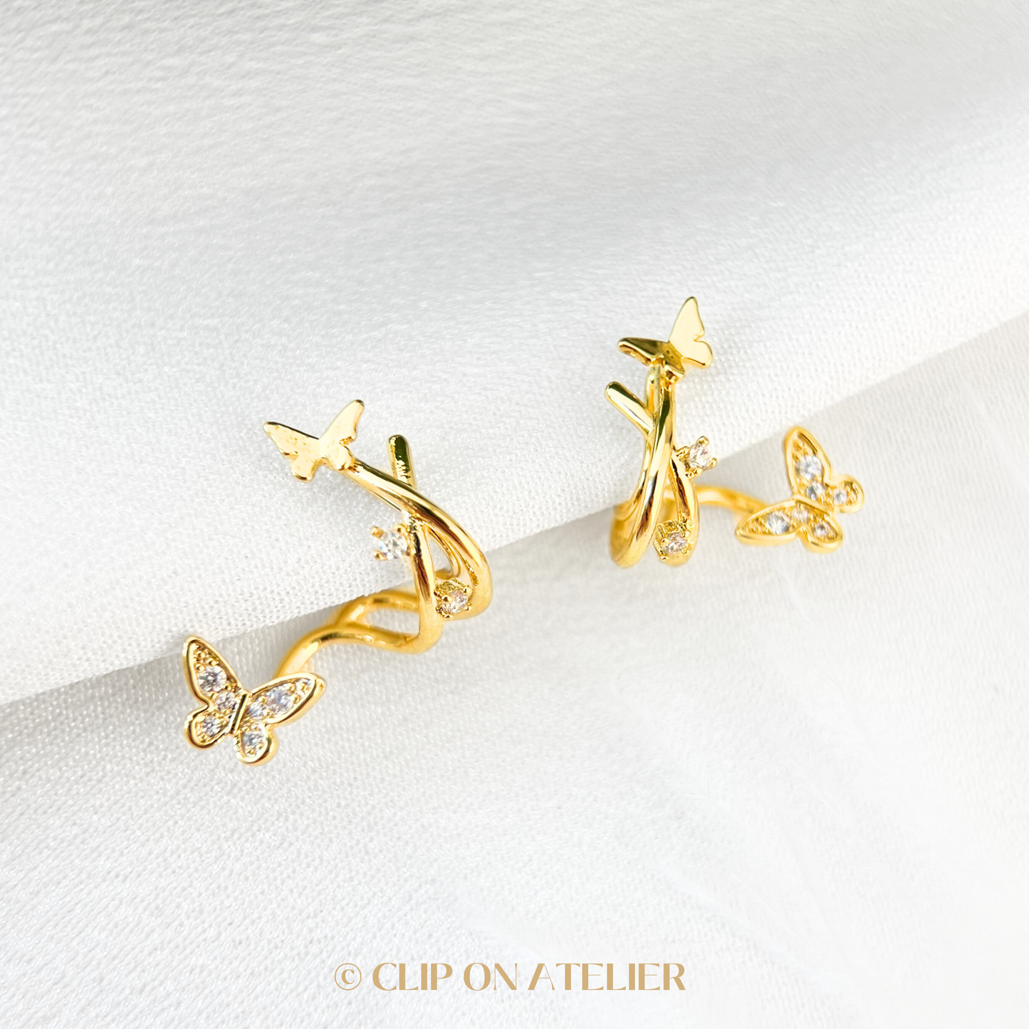 Butterfly Double Hoops Clip on Earrings; Gold or Silver