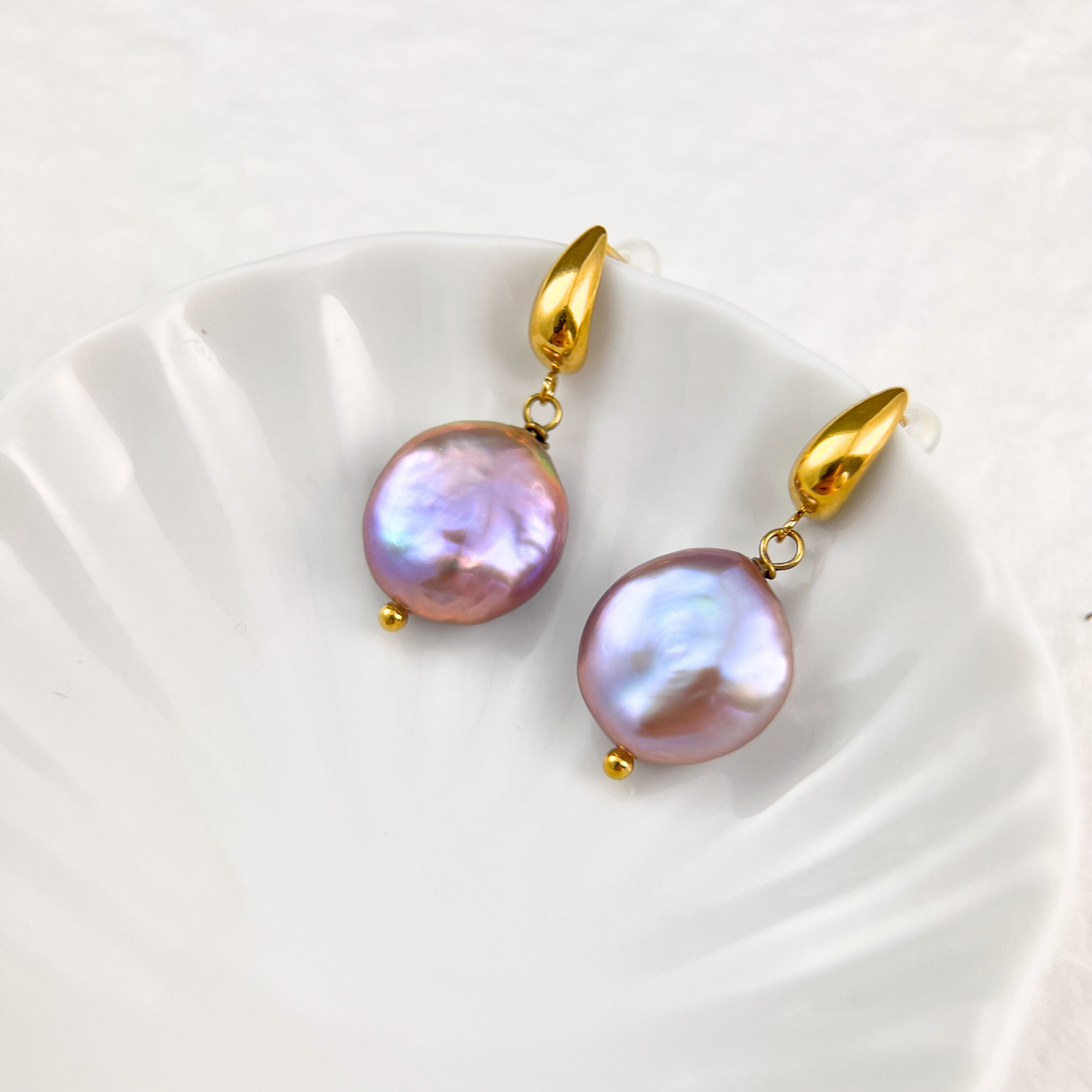 Purple Coin Baroque Pearl Drop Earrings