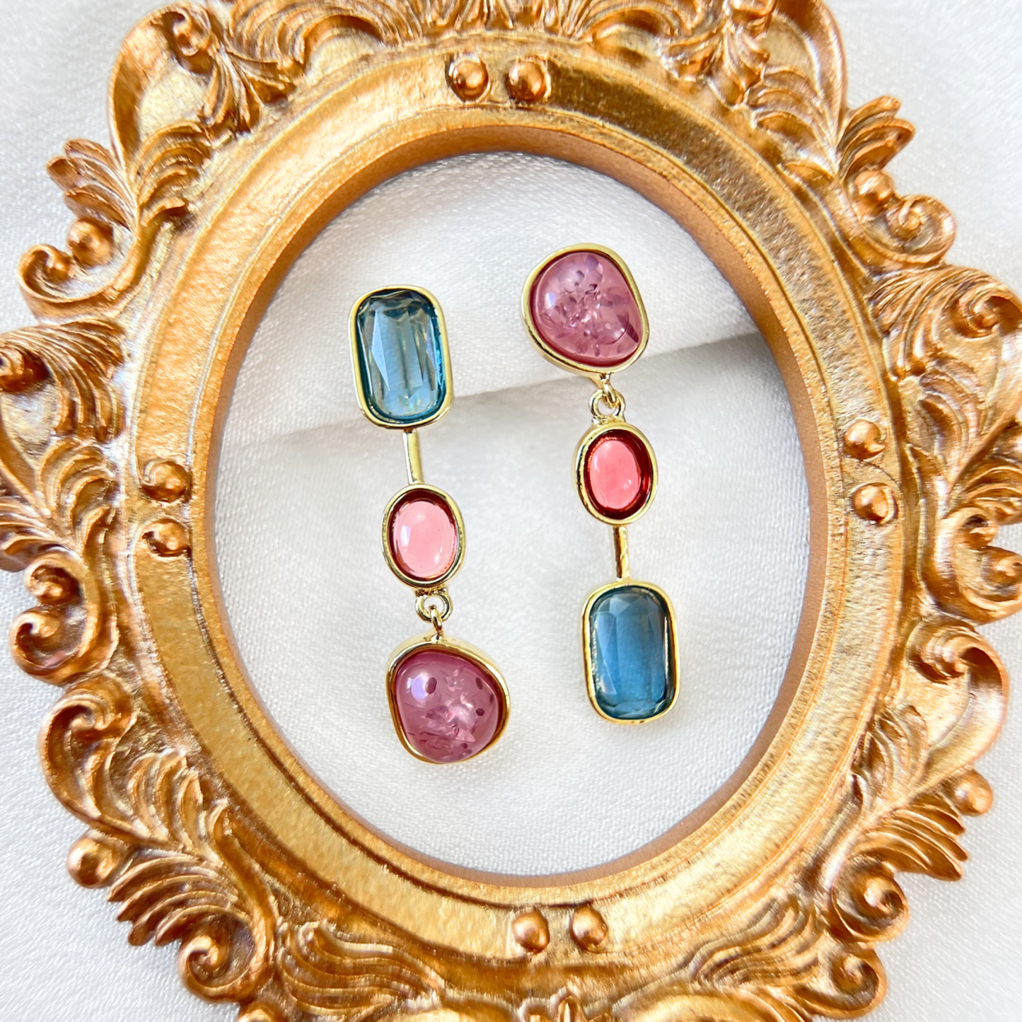 Mismatched Color Gemstone Clip On Earrings | Pink & Blue