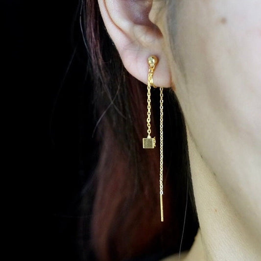 Clip On Earrings Minimalist Gold Long Threader Chain & Cube