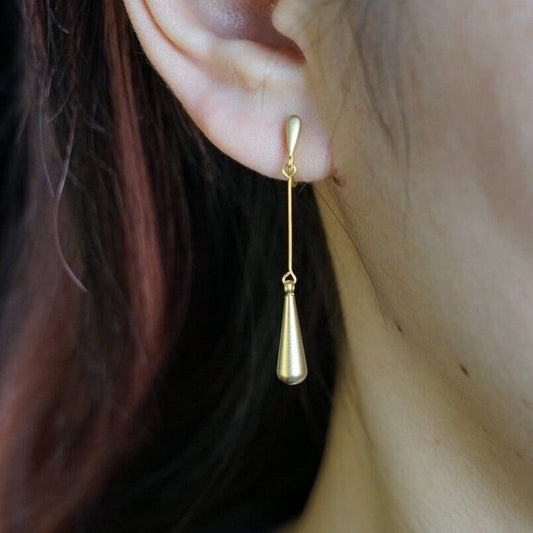 Clip On Earrings Gold Matte Long Chain & Teardrop Dangle Drop