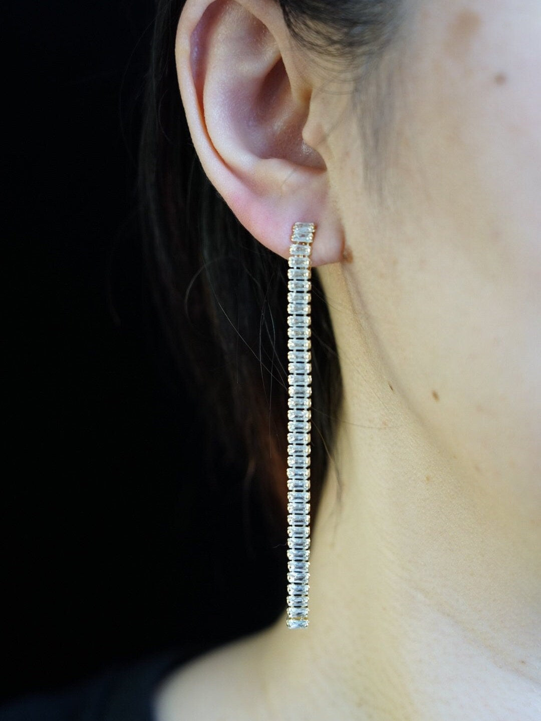 Gold Long Diamond Chain Clip On Earrings