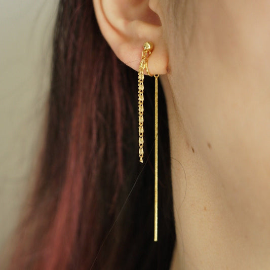 Clip On Earrings Minimalist Gold Long Tassel Chain Threader