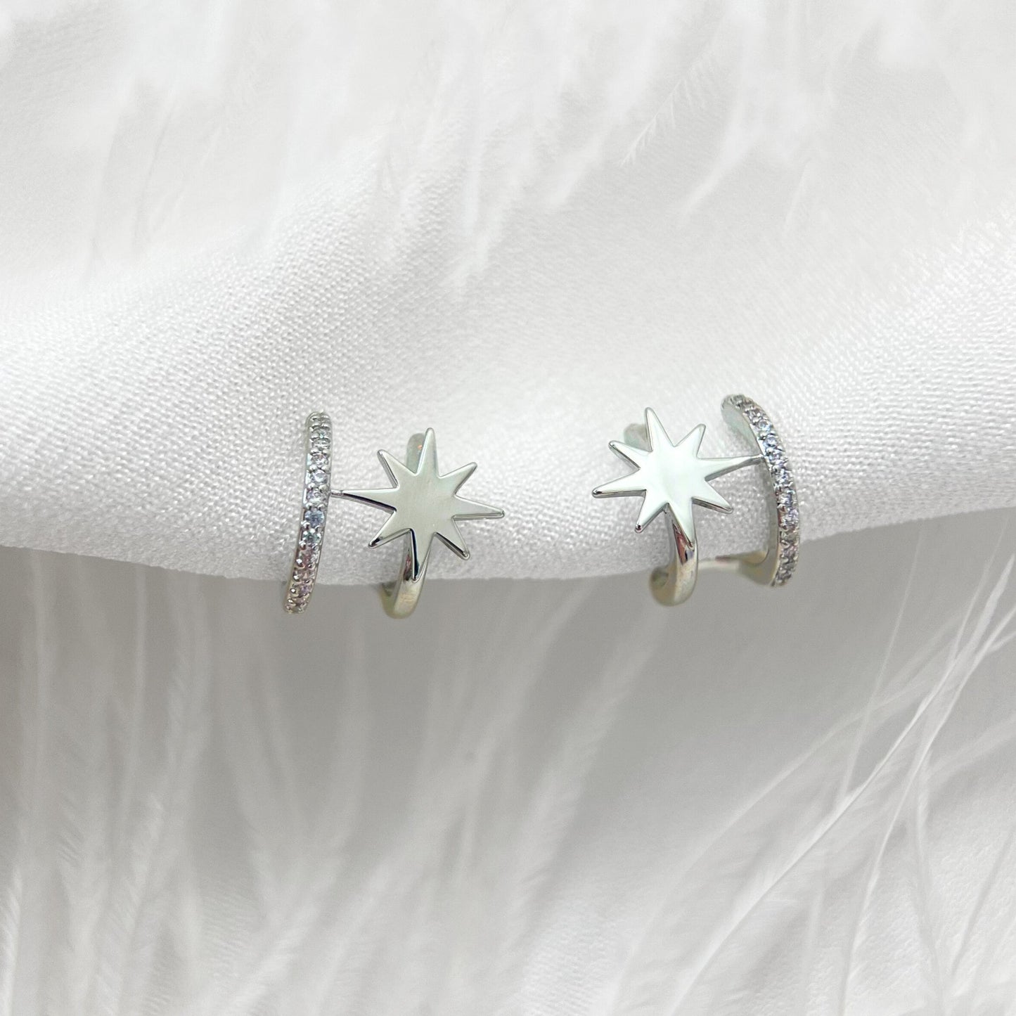 Minimalist Double Hoop Star CZ Diamond Clip On Earrings, Gold & Silver